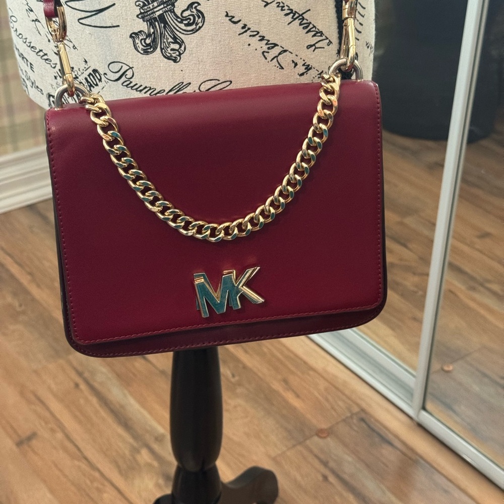 Michael Kors Mott Burgundy Leather Crossbody Bag with Gold Chain